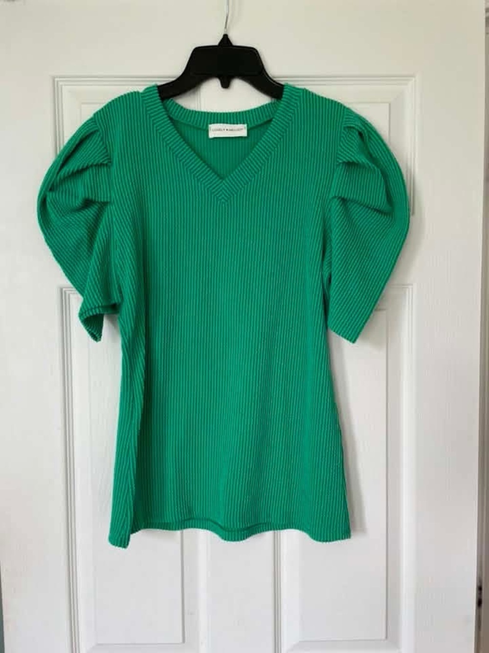 Women’s Green Ribbed V-Neck Puff Sleeve Top XL